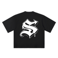 S Old English Street Ink black oversized T-shirt, 250 gsm, back graphic