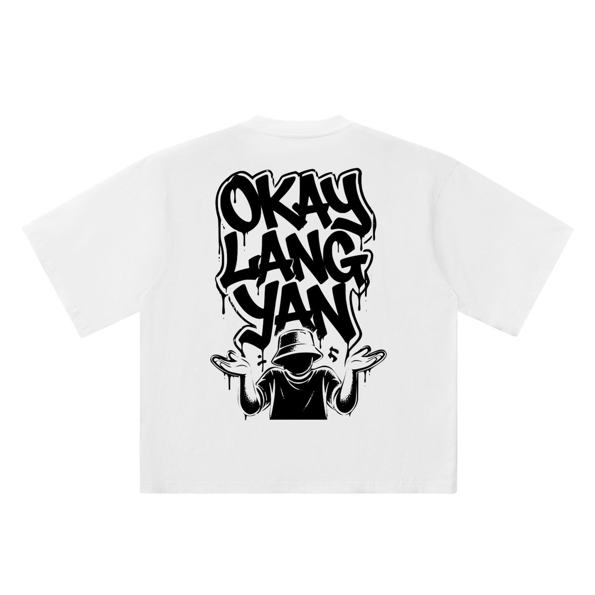Okay Lang Yan white oversized T-shirt, 250 gsm, dark-figure back graphic