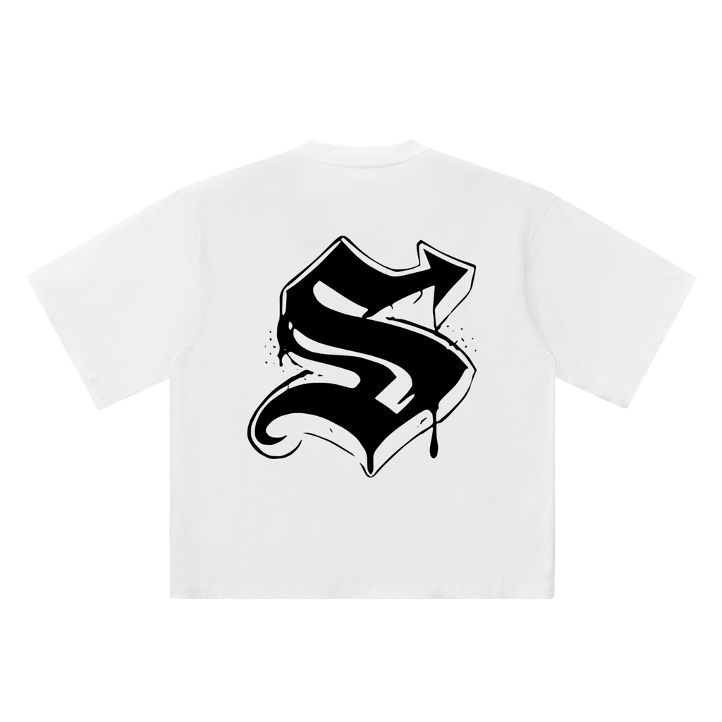 S Old English Street Ink white oversized T-shirt, 250 gsm, back graphic