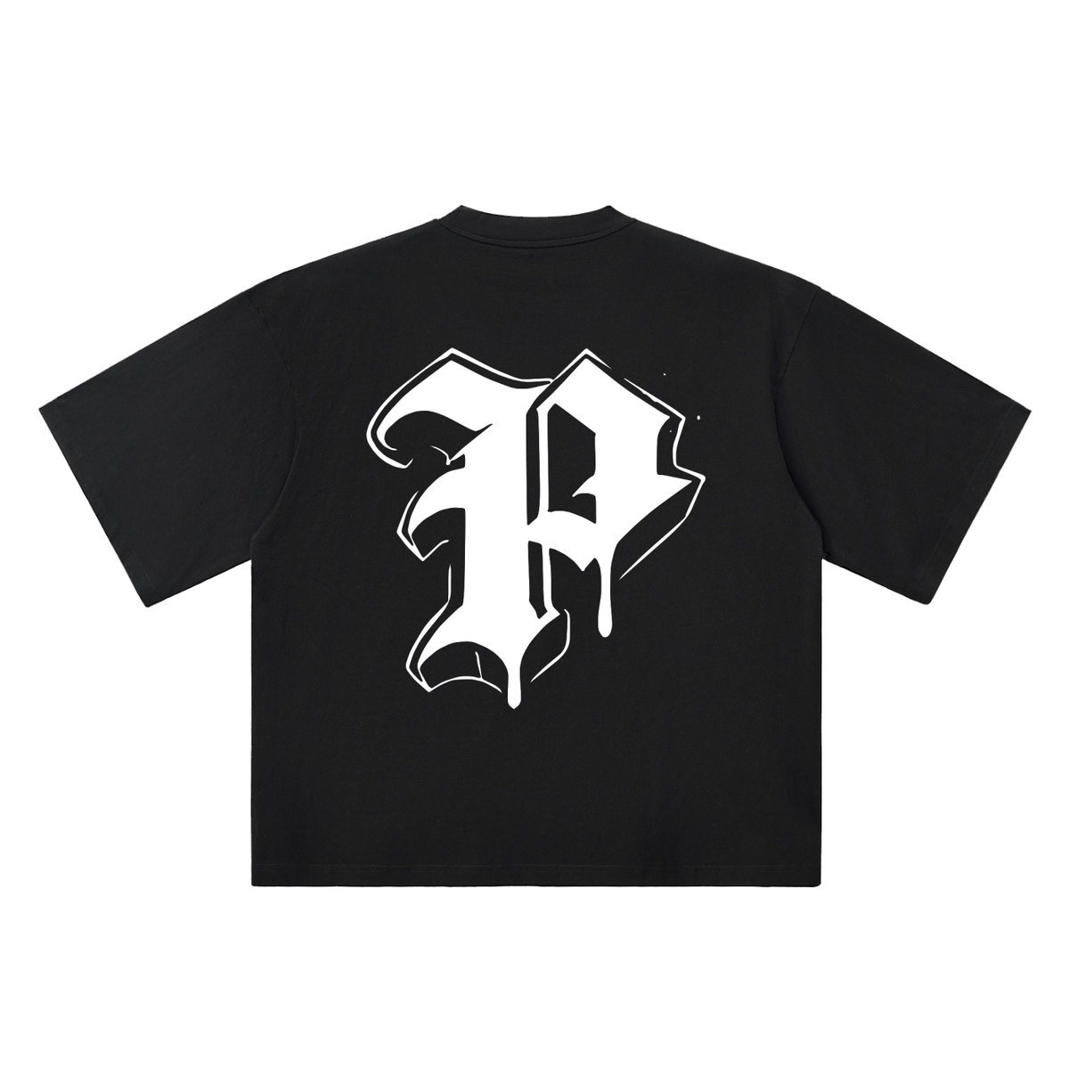 P Old English Street Ink black oversized T-shirt, 250 gsm, back graphic