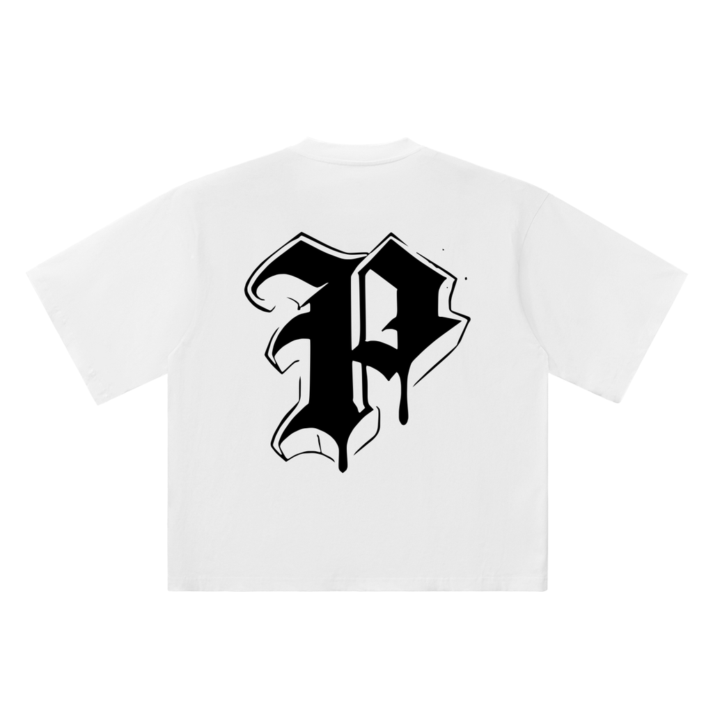 P Old English Street Ink white oversized T-shirt, 250 gsm, back graphic