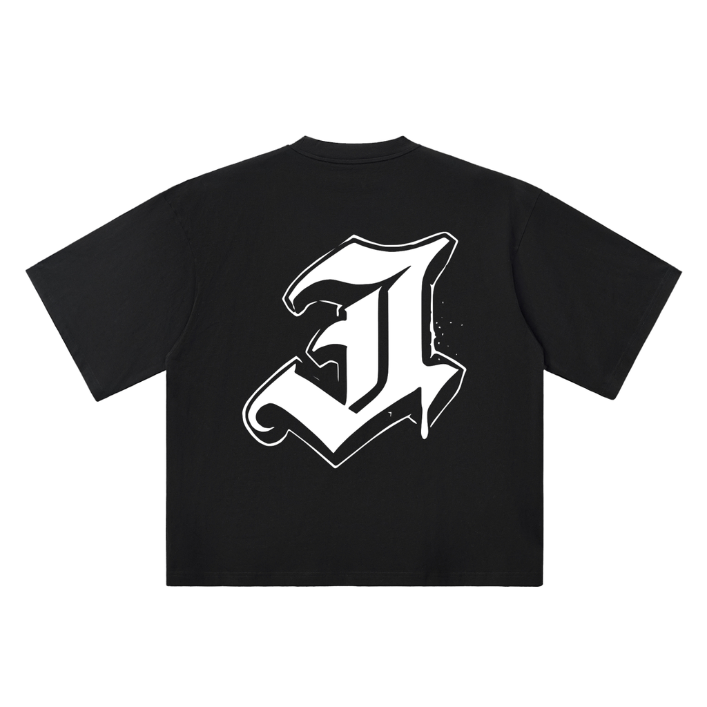 J Old English Street Ink black oversized T-shirt, 250 gsm, back graphic