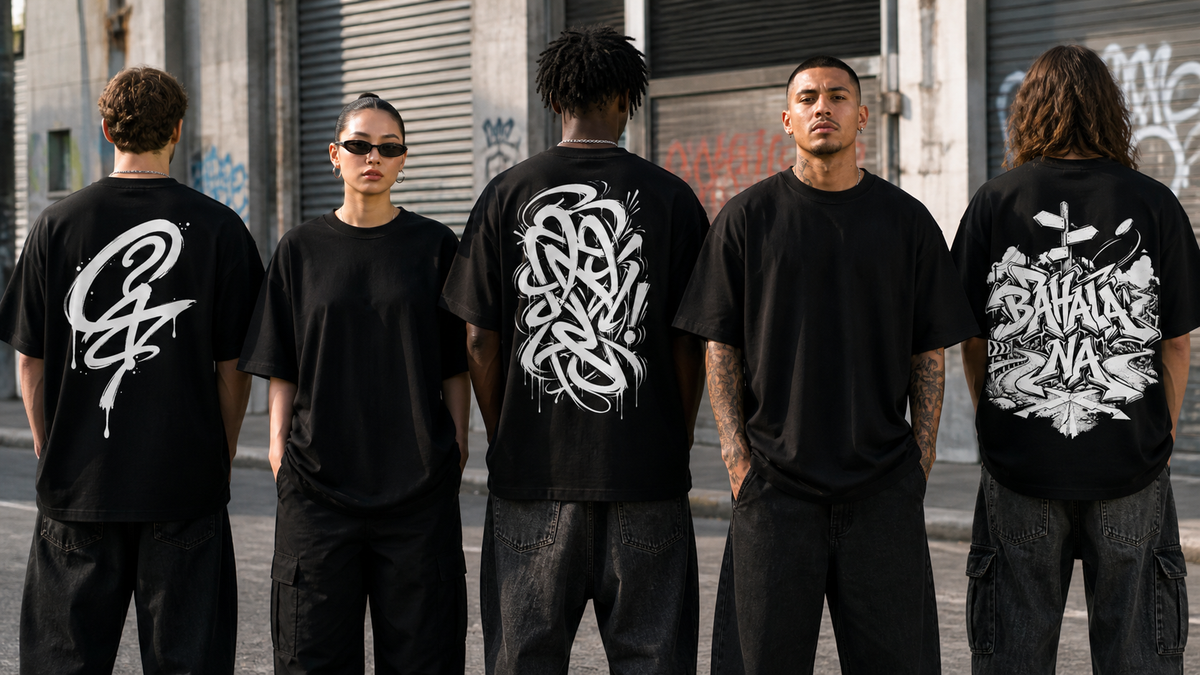 Five models wearing Kaya Yan black oversized T-shirts, featuring the approved G?, Aray and Bahala Na graffiti artwork.